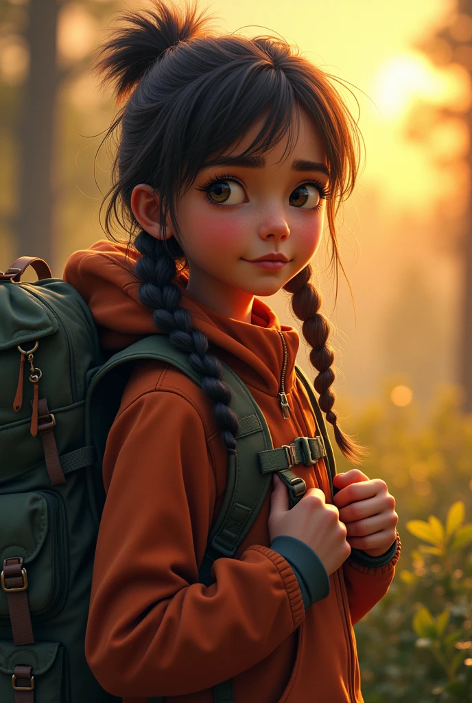 Kid pic girl Maya determinedly preparing for an adventure in the evening light."