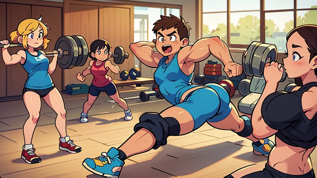 Cartoon Style,Everyone in the company gym,Exercise with dumbbells and build muscle