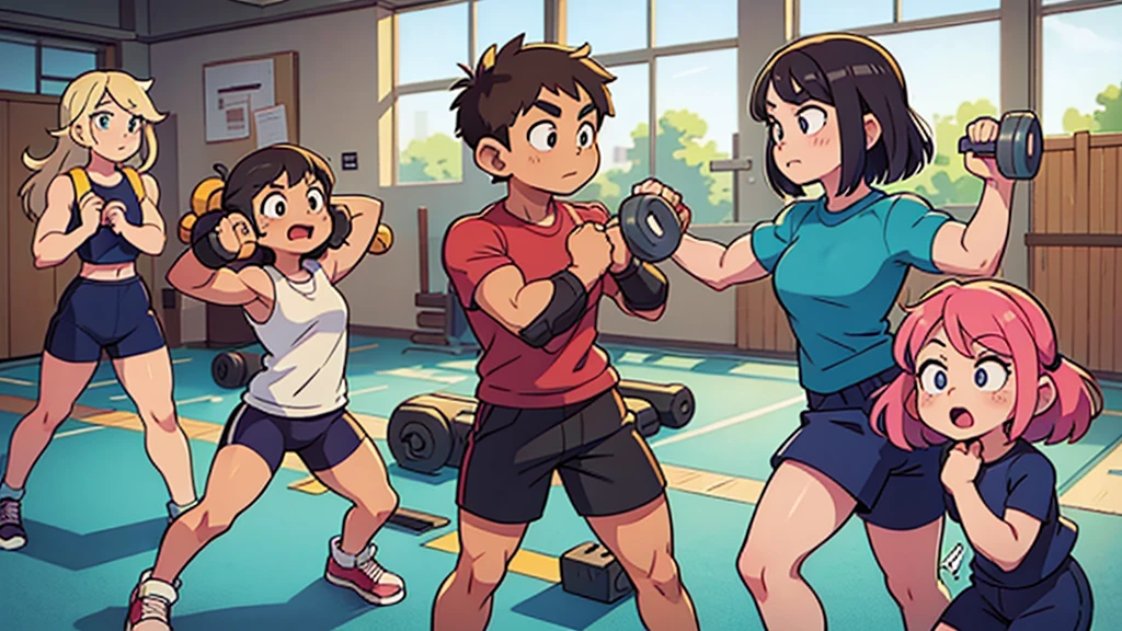 Cartoon Style，Everyone in the company gym，Exercise with dumbbells and build muscle