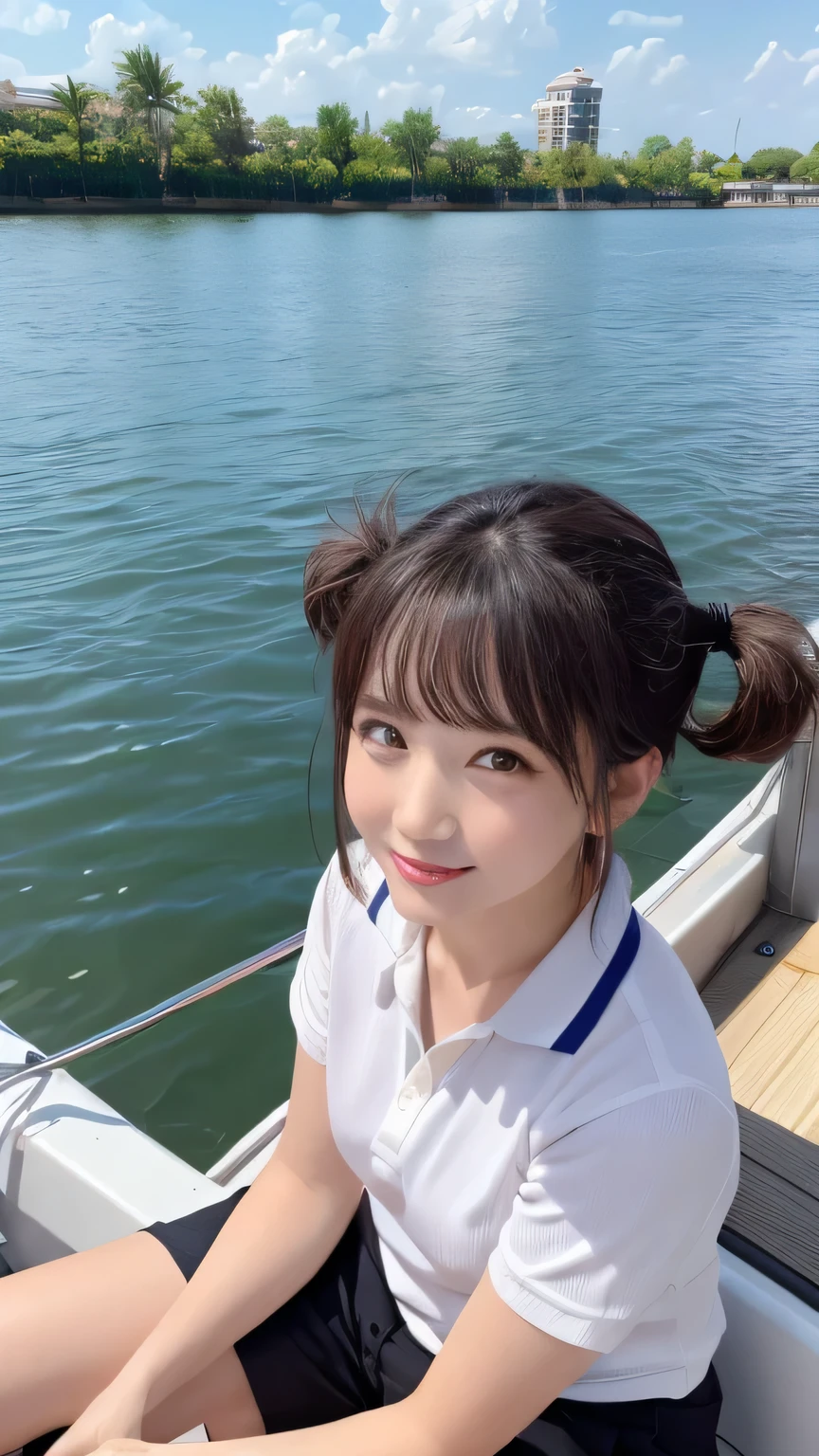Best image quality (8k, High resolution, masterpiece: 1.2), Very detailed, Random Hairstyles, 26-year-old woman, 

Extraordinary beautiful girl、Cute and beautiful face details、(Dealing with the Children_v1:0.008)、


score_9, score_8_upper, score_7_upper, 

situation: In the middle of a wide lake、A scene of people enjoying fishing on a small boat。She is under the wide blue sky、Checking out the catch with satisfaction。
system: Sit on the side of the boat and operate the fishing rod.、Sometimes I stare at the water。she is relaxed、One foot on the inside of the boat。
Camera angle: A wide-angle shot from a low position、The lake and sky spread out behind her are reflected together.。The reflections on the water create a beautiful background.。
clothing: Wear a short-sleeved polo shirt、Wear light nylon pants。On your feet in sandals、。


,Active stop temporarily ,
On her side、The thunder danced。
Focus on the upper waist


, Random cute poses ,Big eyes ,Puffy eyes ,  Heart pupil, blush  , Big shy smile , salute

　