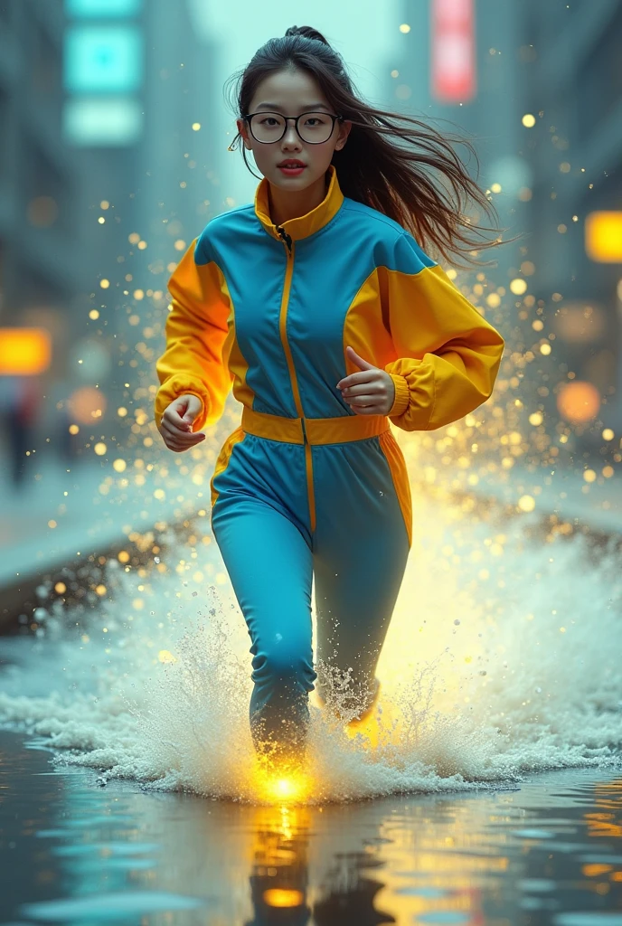 Chinese japan women average age 15 year old wear jumpasuit high tech(( blue yellow)). Running effect. Glowing yellow power. Runfast effect. Wear blue big glasses big frame.running speed of light. running athlete. Braces teeth. Bokeh background. Panning effect. Yellow high tech watch. a beautiful young chinese women, , wearing a high-tech blue and yellow loose jumpsuit,run on water, floating water bubble, photorealistic, detailed facial features, long hair, elegant pose, dynamic lighting. glowing body yellow lightning effect, 8k, award-winning digital art, intricate details, vibrant colors, cinematic composition. very fasr run, highly detailed. light trail effect. speed of light. froze time effect. at the city.run water .shallow water . spash water. the girl run fast floating on water running on water surface.
