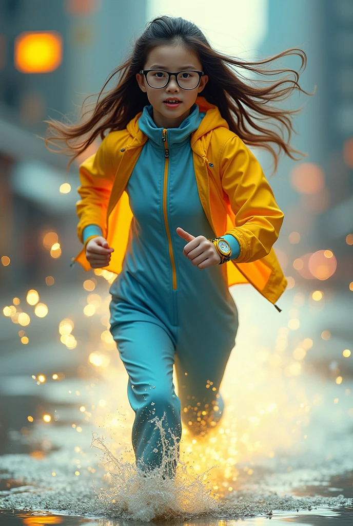 Chinese japan women average  wear jumpasuit high tech(( blue yellow)). Running effect. Glowing yellow power. Runfast effect. Wear blue big glasses big frame.running speed of light. running athlete. Braces teeth. Bokeh background. Panning effect. Yellow high tech watch. a beautiful young chinese women, , wearing a high-tech blue and yellow loose jumpsuit,run on water, floating water bubble, photorealistic, detailed facial features, long hair, elegant pose, dynamic lighting. glowing body yellow lightning effect, 8k, award-winning digital art, intricate details, vibrant colors, cinematic composition. very fasr run, highly detailed. light trail effect. speed of light. froze time effect. at the city.run water .shallow water . spash water. the girl run fast floating on water running on water surface.
