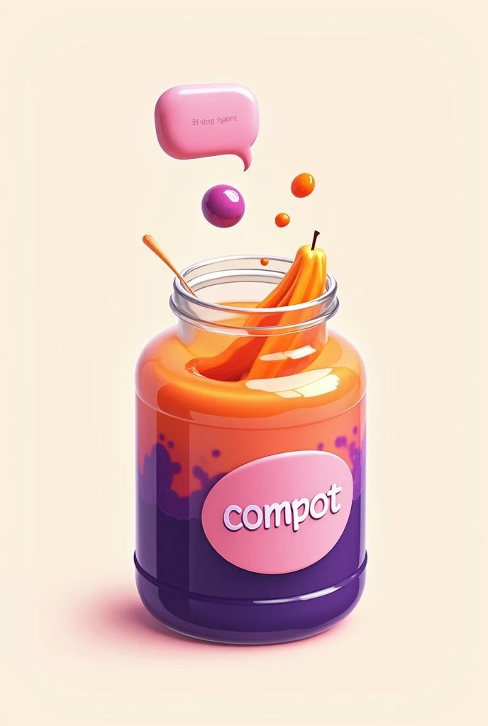 Logo styled -Opened jar filled with orange and purple liquid and floting message bubble inside and sticker written "COMPOT" on jar