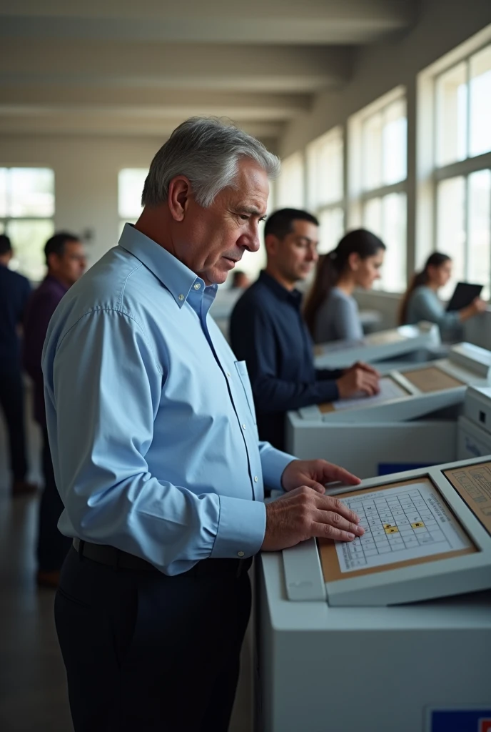 A man voting for candidate Nilson Nogueira at the electronic ballot box