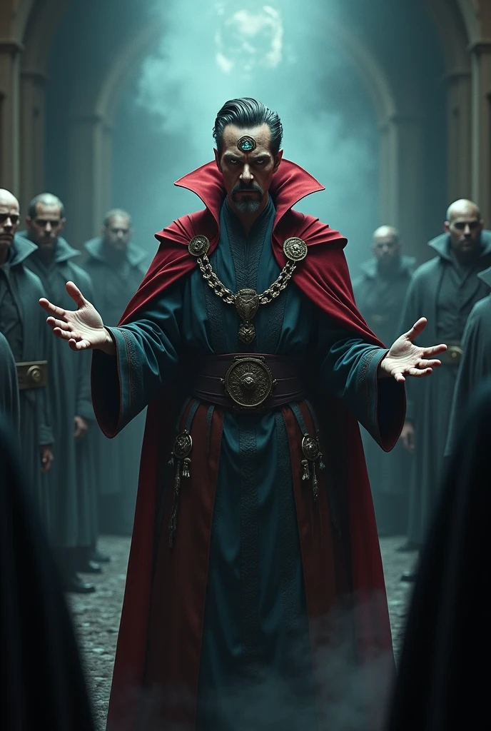 photoshot:a man performing magic with an evil expression on his face, charachter: similar to doctor strange, in the middle of the forehead tika of the third eye of India, empty and lifeless look, Scenario: secret cabal of the illuminati, outfit: capa mágica e roupa idem charachter dr estranho, styled: arcane TV series, Lighting: styled dia nublado.