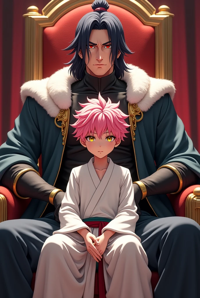 3D anime style image of a young boy with pink hair and yellow eyes sitting on a throne with white emperor clothes tight to his body and feet, a 25 year old boy, muscular body, with black hair and red eyes dressed in black emperor's clothing tight to his body