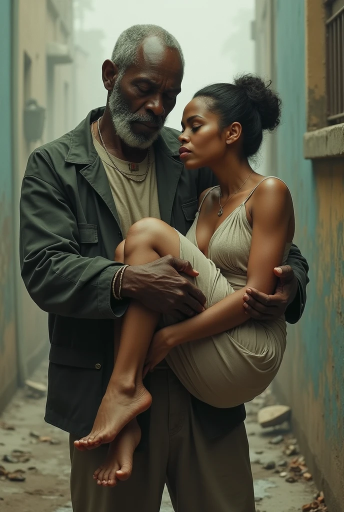 Create an image of actress Ophelie Bau being carried by a 90-year-old fat black man.