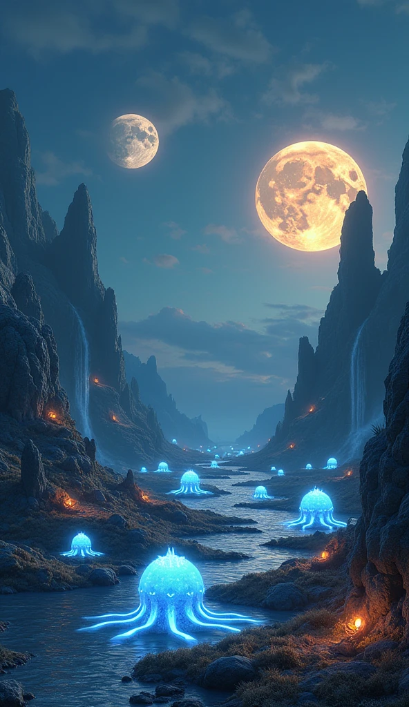 A fantastical realm under a swirling sky of indigo and gold, with two large moons casting a mystical glow. The ground is covered in a carpet of soft, bioluminescent moss, which gently illuminates the surroundings. Strange, luminescent creatures with wise eyes move across the landscape, which features surreal, floating rock formations and shimmering waterfalls.