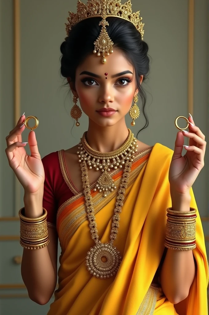 An Indian woman in a yellow saree wearing gold jewelery and wearing a crown, holding two gold rings, her hands half raised to her shoulders.