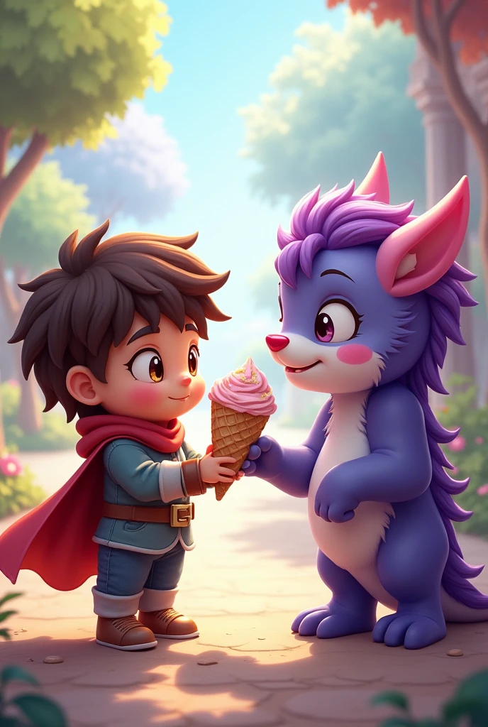 Cute little hero shares an ice cream cone with a purple-haired monster,