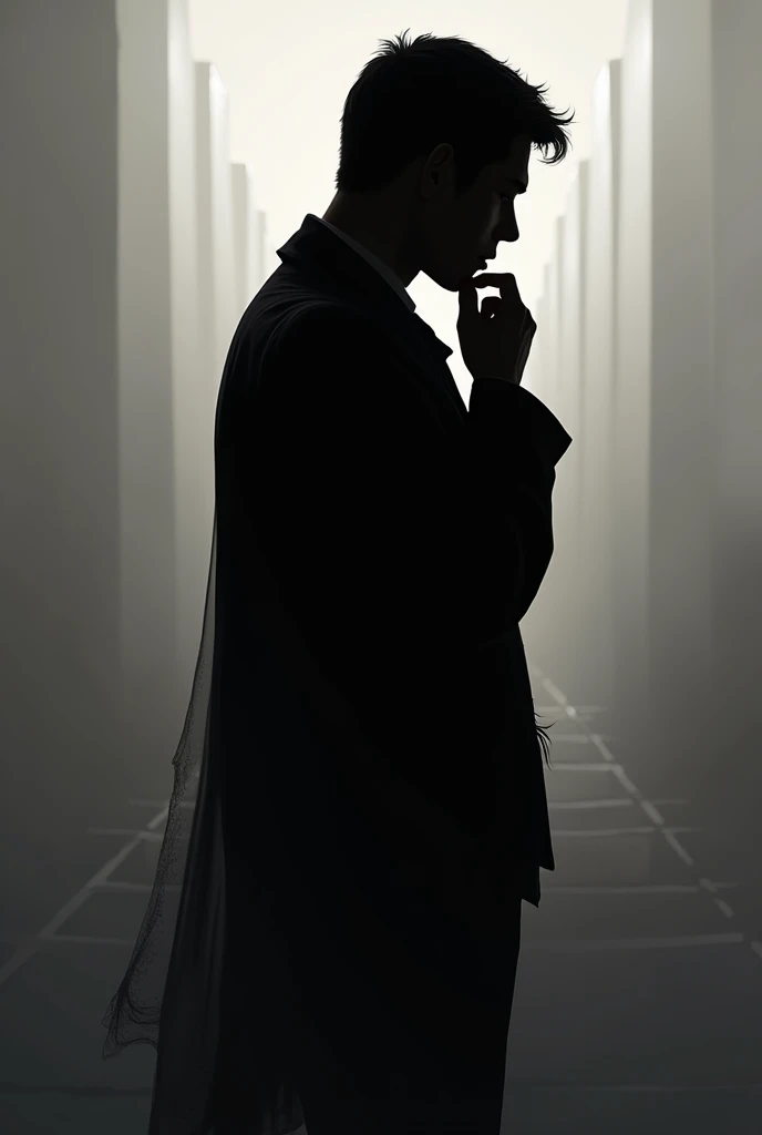 Silhouette of a man , sideways and with one hand on the chest