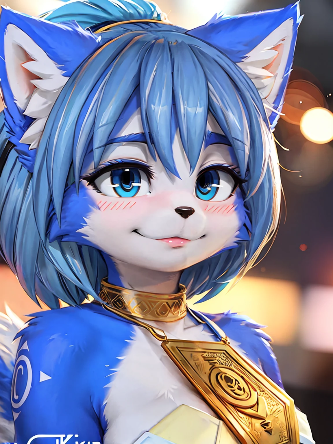 A beautiful and detailed (cute portrait) wa ((krystal)), Star Fox krystal, sslim, lovable, green eyes, medium breasts, (((Long blue hair 1.3))), Decollete, anthro, furry, Uploaded E621, detailed fluffy fur, (wa Fluff-Kevlar, Bayard Wu, Pino Daeni), detailed face, (fluffy), 1 girl, alone, sweet girl, centered, Award-winning photo, (Viewers look at:1.2), | smile, lucy_Heartfilia, | | blush, contrasted, bokeh, depth of field, Film composition,
