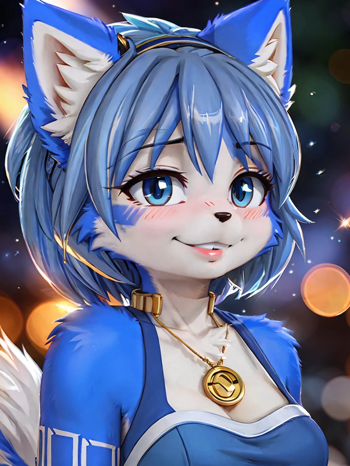 A beautiful and detailed (cute portrait) wa ((krystal)), Star Fox krystal, sslim, lovable, green eyes, medium breasts, (((Long blue hair 1.3))), Decollete, anthro, furry, Uploaded E621, detailed fluffy fur, (wa Fluff-Kevlar, Bayard Wu, Pino Daeni), detailed face, (fluffy), 1 girl, alone, sweet girl, centered, Award-winning photo, (Viewers look at:1.2), | smile, lucy_Heartfilia, | | blush, contrasted, bokeh, depth of field, Film composition,
