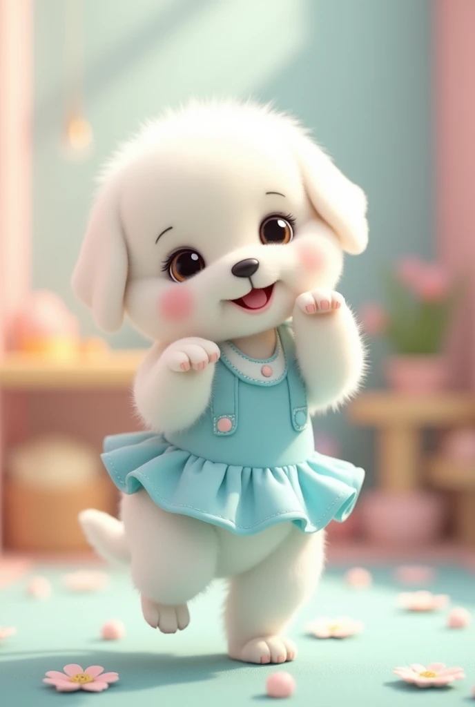 A small puppy dog standing on its hind legs,The cutest white puppy I know,The most adorable looking thing I&#39;ve ever seen!!!,
Cute Background,He dances,
She is wearing a light blue, frilly outfit that looks like a cute idol uniform..