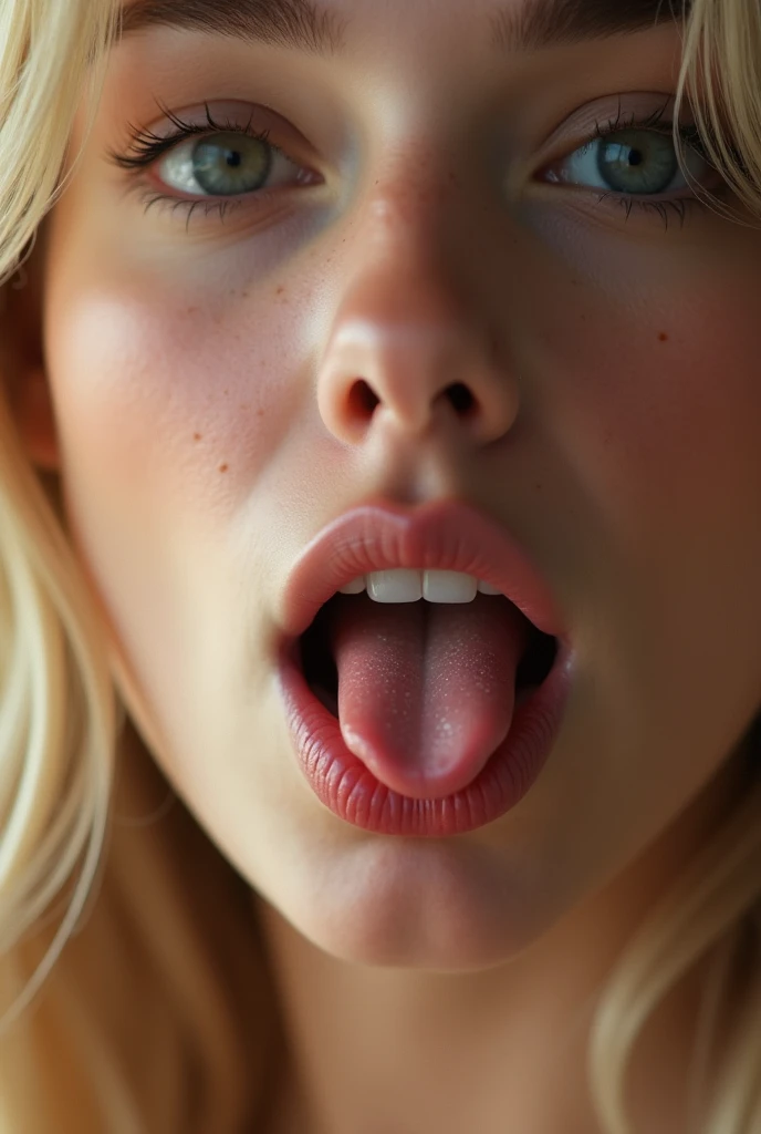 a hot blonde with a penis ir her mouth, with a face of plasure