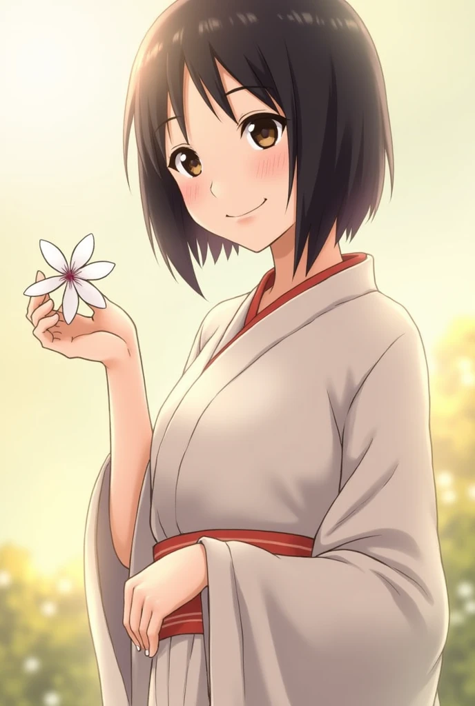 Hinata Hyuga from the Naruto series, holding a delicate cherry blossom flower in her hand, with a gentle smile on her face. She's wearing her traditional Hyuga clan outfit, with a soft, serene background.
1. *Soft colors*: Use a pastel color palette to convey a sense of gentleness and serenity.
2. *Delicate flower*: Choose a flower that complements Hinata's gentle personality, like a cherry blossom or a pale rose.
3. *Warm lighting*: Soft, warm lighting can enhance the serene atmosphere and highlight Hinata's features.
4. *Hinata's expression*: Capture a gentle, soft smile that reflects her kind and compassionate personality.
5. *Traditional outfit*: Dress Hinata in her traditional Hyuga clan outfit to maintain her character's authenticity.
6. *Simple background*: Use a subtle, natural background that doesn't distract from Hinata and the flower.
7. *Attention to detail*: Pay attention to Hinata's hair, eyes, and facial features to ensure they're accurate and well-defined.
- *Hair:* Short, straight black hair with a few loose strands framing her face
- *Eyes:* Large, soft brown eyes with a gentle, compassionate gaze
- *Face:* Heart-shaped face with a pale complexion, subtle cheekbones, and a small nose
- *Build:* Slender yet athletic build, reflecting her ninja training and gentle nature
- *Height:* , around 5'2" (157 cm)
- *Outfit:* Traditional Hyuga clan outfit, consisting of:
- A pale blue, high-collared kimono with a white underside
- A white obi (sash) around her waist
- Black, low-heeled sandals
- A pair of white, fingerless gloves
- *Accessories:* A small, delicate necklace with a pale blue gemstone (optional)
- *Flower:* Holding a single, delicate cherry blossom (or pale rose) in her hand, with a few petals gently falling around her