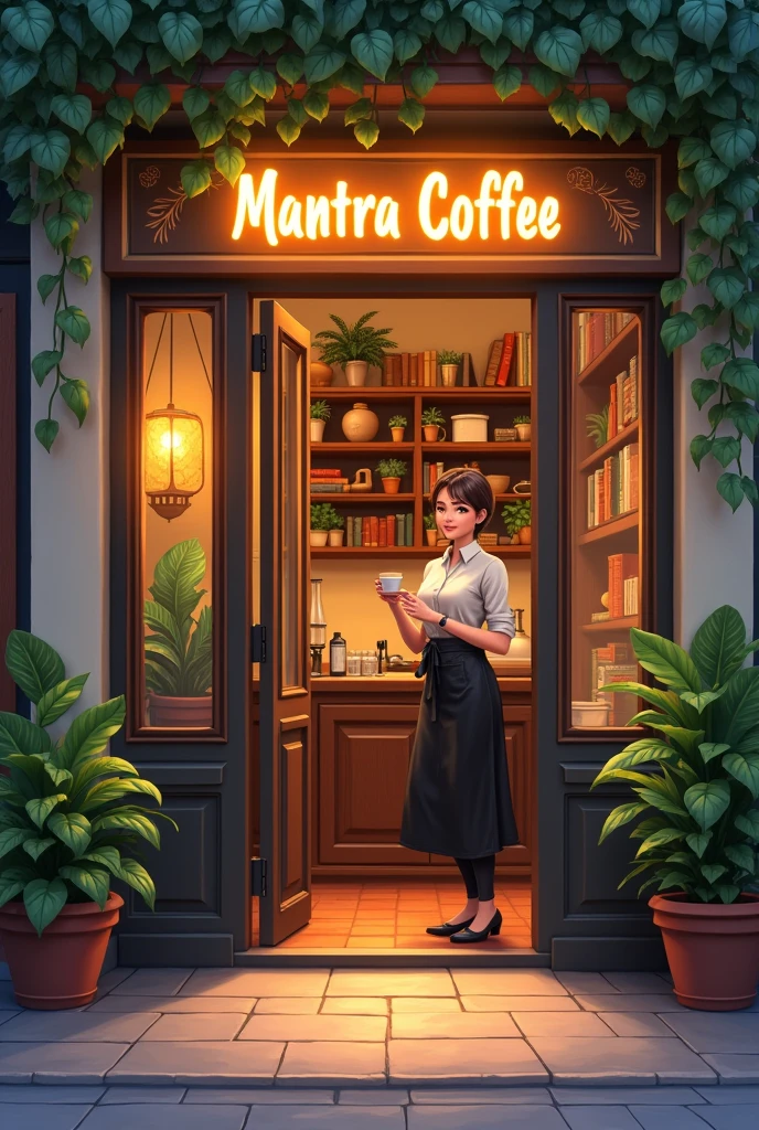 Entrance to a cafe with a sign that says mantra coffee, illuminated, with plants, books, paintings. At the entrance a female Barista with a cup of coffee in her hand and a smile on her face. He addresses the audience with enthusiasm.