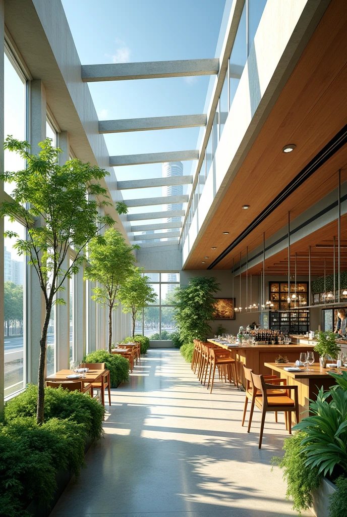 a highly energy-efficient, eco-friendly restaurant, near the road, indoor environmental quality that address the quality of the space for its occupants, such as air cleanliness, thermal control, and noise pollution, clerestory windows, and solar panels, allowing for an abundance of natural light and reduced carbon footprint, emphasizing a reduced reliance on private cars, resilient in landslides, rainwater catchment, vertical gardens and living walls, energy effiecient lightings, and zoomed in to showcase the details of the sustainable building for a restaurant.