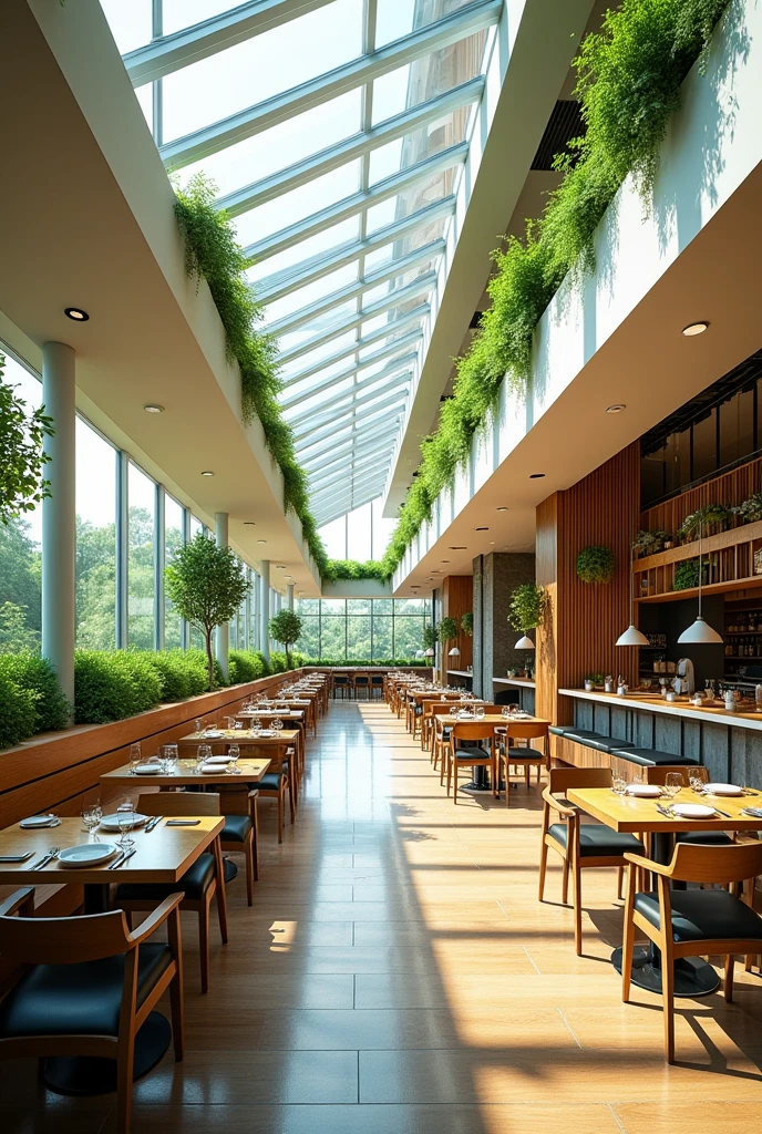 a highly energy-efficient, eco-friendly restaurant, near the road, indoor environmental quality that address the quality of the space for its occupants, such as air cleanliness, thermal control, and noise pollution, clerestory windows, and solar panels, allowing for an abundance of natural light and reduced carbon footprint, emphasizing a reduced reliance on private cars, resilient in landslides, rainwater catchment, vertical gardens and living walls, energy effiecient lightings, and zoomed in to showcase the details of the sustainable building for a restaurant.