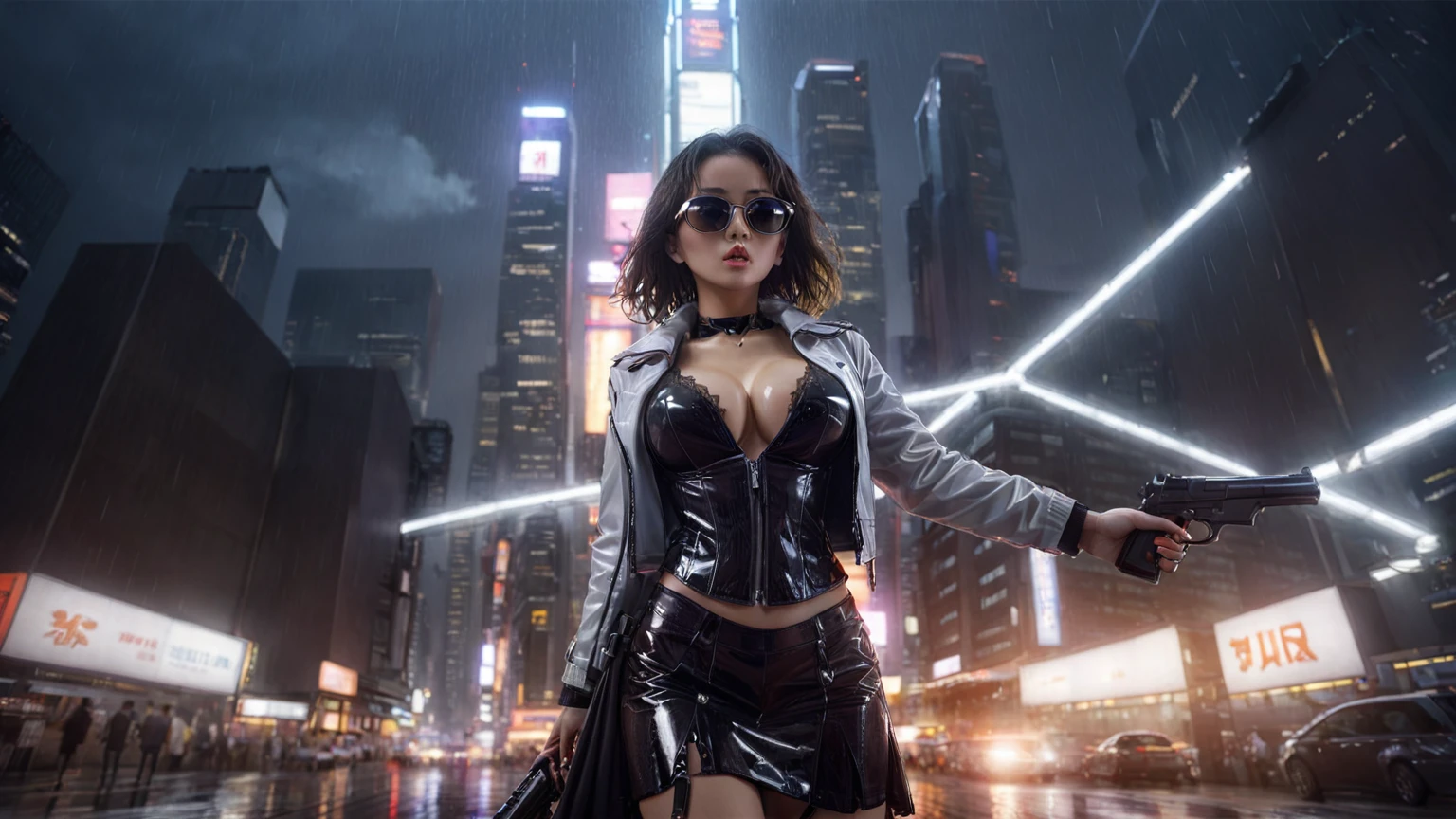 Blade Runner style futuristic Tokyo city, flying cars, neon lights, rainy night. (1girl, solo, alone), large-breast:1.2 slim body, oval:0.8 face, cleavage:1.1, sexy laced lingerie, low angle view of miniskirt, jacket, (black micro sunglasses), (holding a short gun), half-body thigh level medium shot, cinematic lighting, ray tracing.