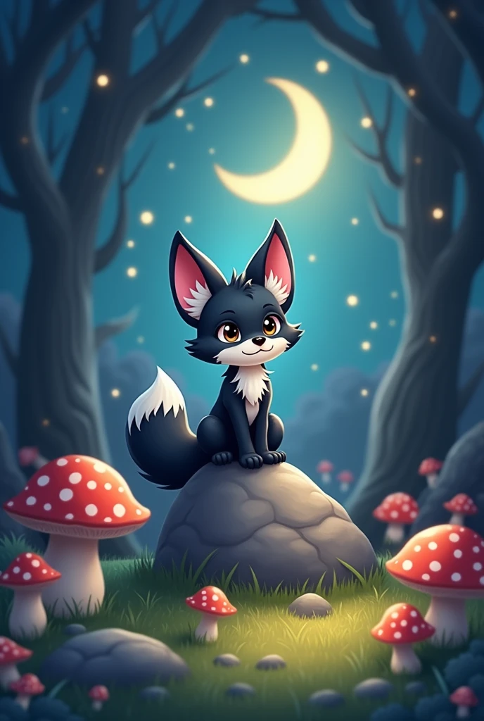 Cute black fox with White socks,sitting on rock,Green Grass ON ground,black Background with moon,mystical spotlight,cartoon, bokeh,mushrooms