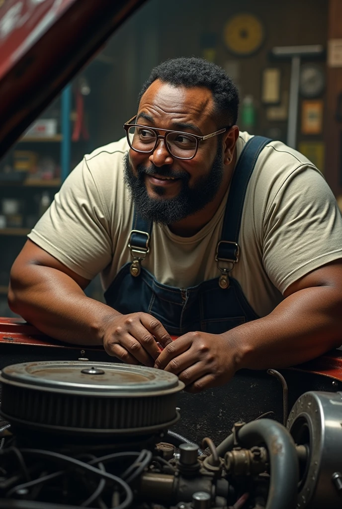 Realistic car mechanical chubby balck Man, With glasses