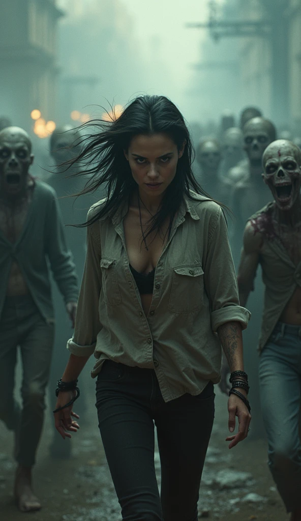 "A movie cover or poster shows a woman fiercely fighting a horde of zombies. She&#39;s wearing tattered clothes. A large number of creepy and scary looking zombies are approaching her. The scene is dark and atmospheric, with a realistic and gruesome style. The title of the book is prominently displayed at the top in a bold, old-looking font."