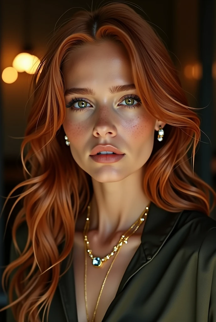 Visage d'une femme de 25 ans. Elle a une peau dorée et bronzée, des cheveux roux longs et lisses, et des yeux verts profonds et perçants, quelques taches de rousseur discrètes. Elle est vêtue d'un chemisier ajusté. Elle est parée de bijoux minimaux mais exquis, tels que des boucles d'oreilles en diamant et un délicat collier en or. L'arrière-plan doit être une suite somptueuse et faiblement éclairée d'un hôtel 5 étoiles, avec une lumière douce qui met en valeur les tons chauds de sa peau et la richesse de sa tenue. L'ambiance générale est celle du mystère et de l'allure, la capturant alors qu'elle regarde l'appareil photo avec confiance, incarnant un mélange de sophistication, d'élégance et de sensualité.