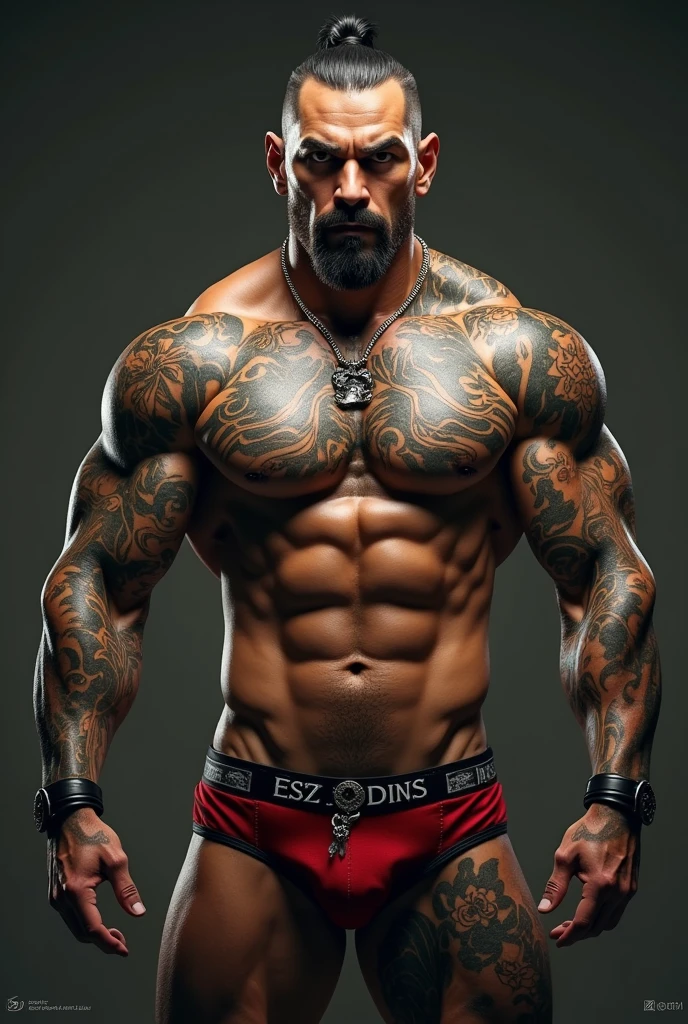 Draw me a gangster with tattoos all over his body, Asian man with muscles and 8 pack abs He is smoking He is wearing red and black briefs His body is hairy( belly hair, Chest hair, pubic hair, armpit hair)
He raised one hand.