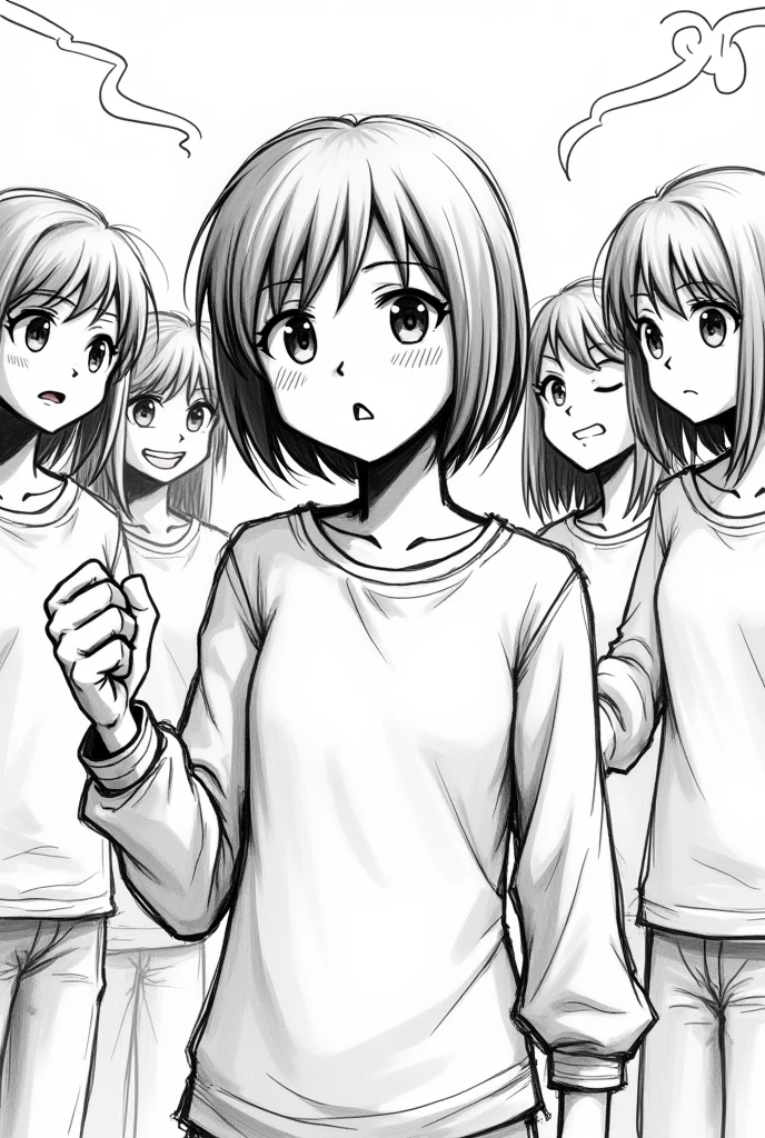 generate a girl, her hair is short and she's wearing long sleeve. but the art style must be black and white and a sketch, like a drawing from a pencil or pen only there's no other color in it. 

Make it a comics. and the prompt now is she's HAVING A FIGHT with her friends in school. The teachers caught them. SHE IS STILL A CHILD, AN ELEMENTARY MAYBE. 

The hair is down on her shoulder. 

And now the teachers called her parents. 
