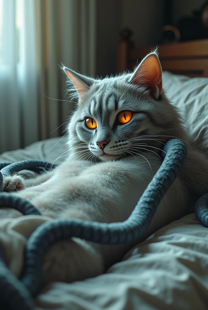 masterpiece, high quality, Absurd answer, number \(artwork\), by Dagasi, Yes,Seizan,(Fluffy fur:1.1),(bright:0.8),Anthropomorphic male cat. (Orange Eyes,Gray blue fur, Body hair, Cat nose:1.2), bright eyes,panoramic,character focus.Detailed background,(Abdominal muscles，nude，躺在On the bed，Caught by tentacles，struggle:1.2),(indoor, On the bed:1.2)