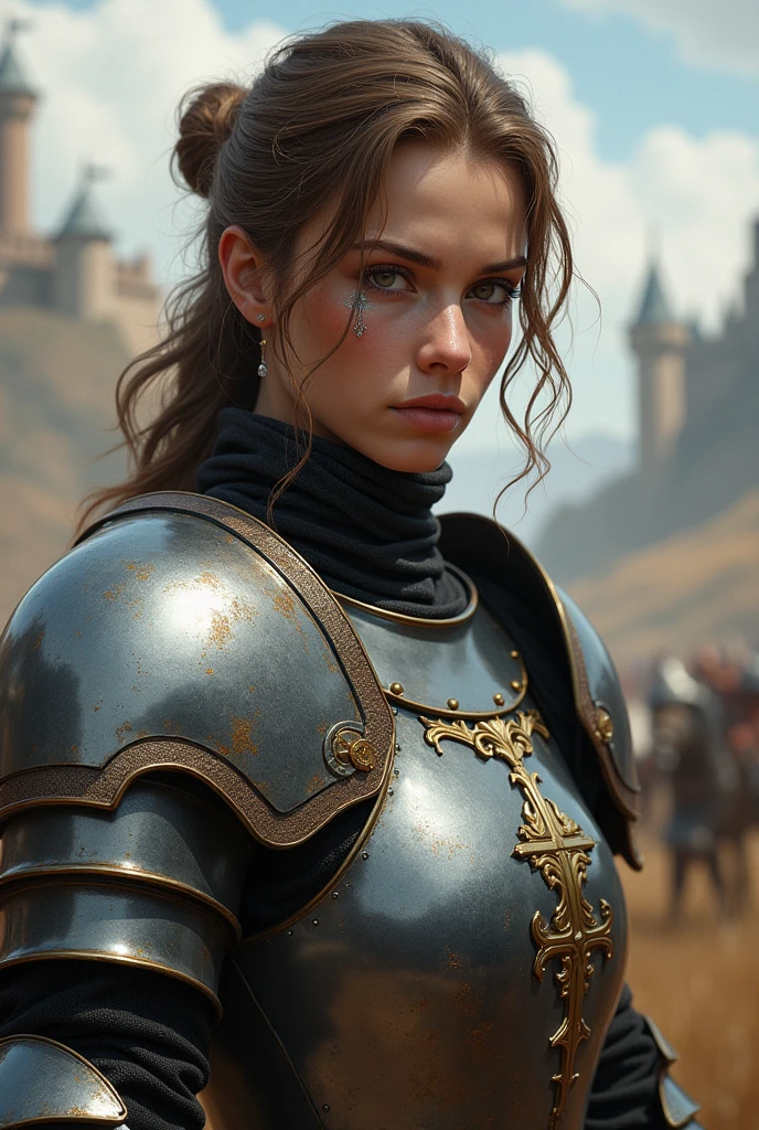 
girl with light brown hair, with medieval armor, with hair up, and a cross tattoo under the eye.