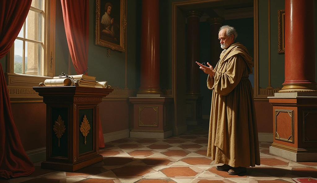 a Renaissance style painting of a person standing to the right of a pisaron doing and writing physics 
