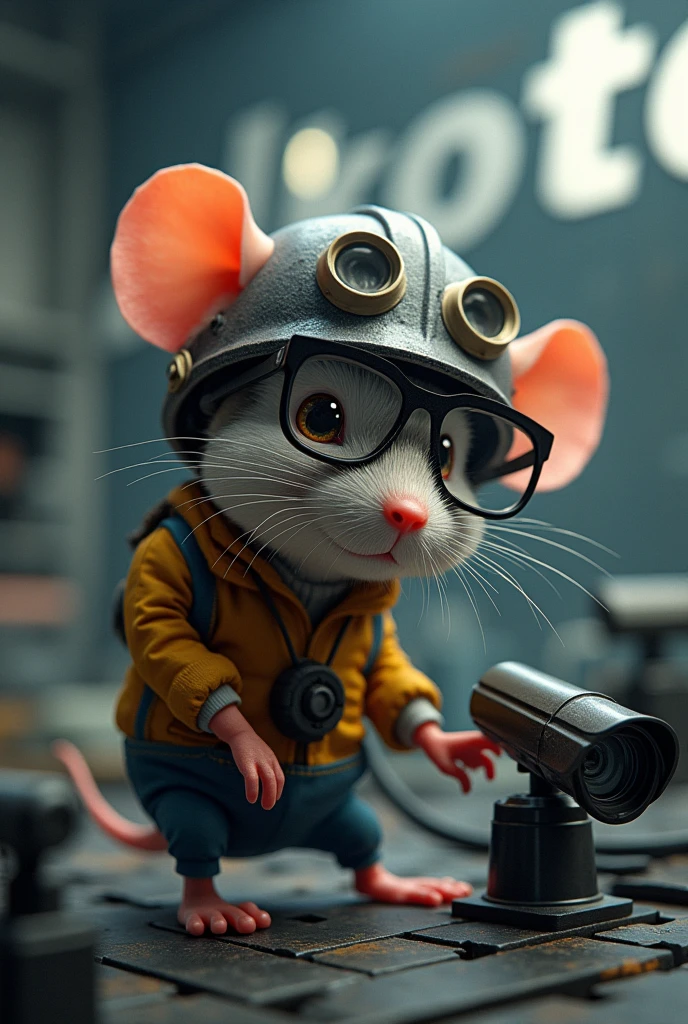 A serious electrical engineer mouse with glasses and helmet installing security cameras and in the background this logo of the company Alkosto 