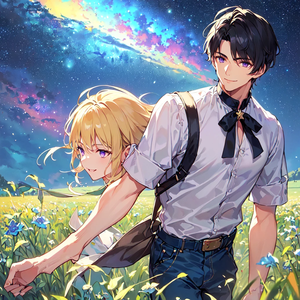 masterpiece,best quality,high quality,(1male austere handsome solo adult age 30 years old:1.5), purple eyes, cool with suspended eyes, V-shaped eyebrows, body strong and fearless 8.5 head tall, height 185cm, (well-groomed black short hair to neck:1.4), (bangs 7 thirds parted:1.4), slender nose, facial muscles, throat, (pants in dew grass summer fashion:1.3), (walking:1.3), (stylish pose), (cool smile:1.3), (upper body:1.3), (background dew grass summer flower field:1.3) , (Milky Way Night Sky:1.3)