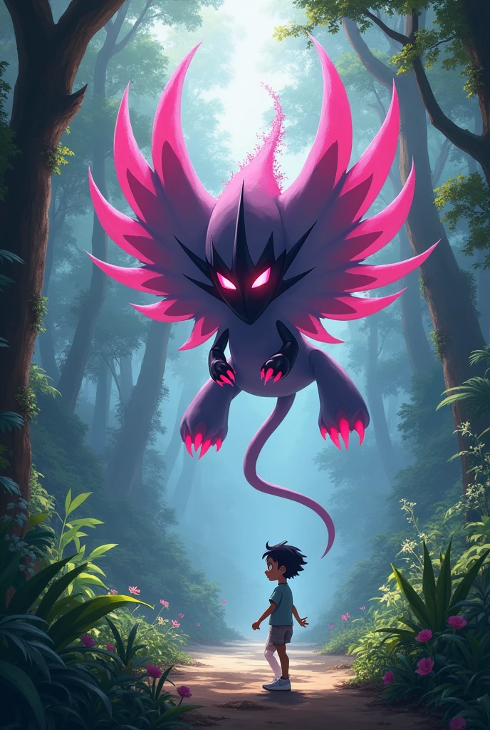 Create a Pokemon called Darkrai with the pink color in an Amazon forest ,but a child trying to catch him