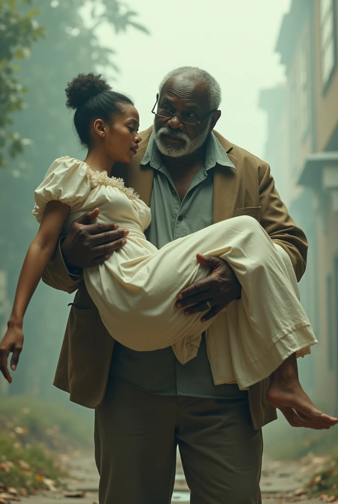 Create an image of French actress Ophelie Bau being carried by a 90-year-old fat black man.