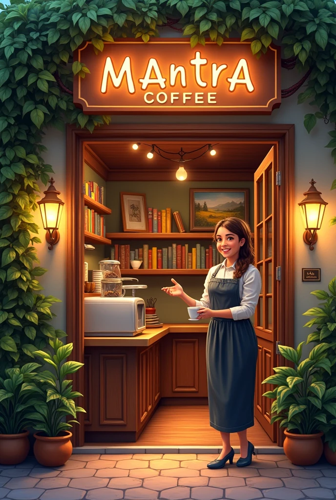 Entrance to a cafe with a sign that says mantra coffee, illuminated, with plants, books, paintings. At the entrance a female Barista with a cup of coffee in her hand and a smile on her face. He addresses the audience with enthusiasm.