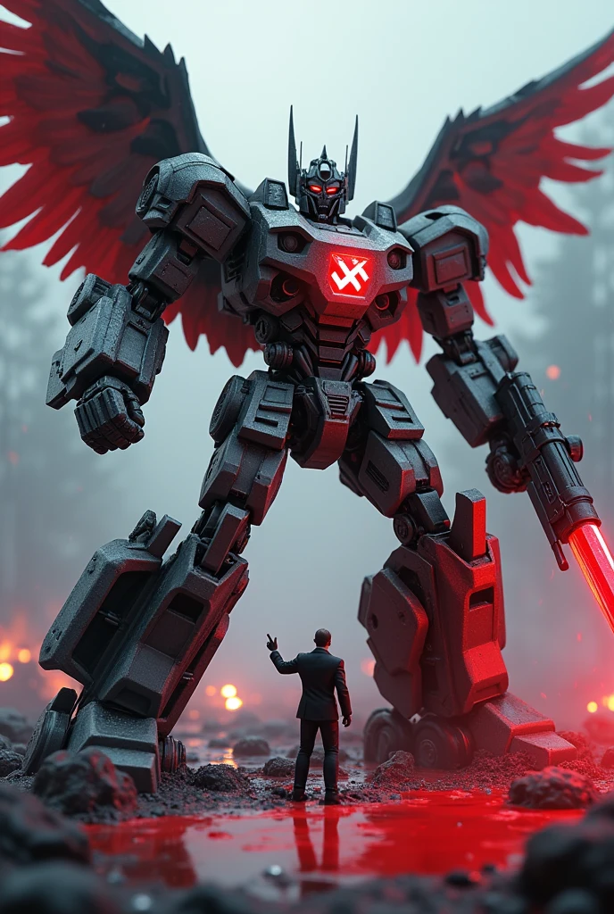Create a 3D animated robot transformers with Nazi symbology, neo-nazi, Nazism and swastika with epic fighting poses and add to the scene poses of artistic sculptures stepping on their enemies soaked in red fluid, the atmosphere is cold, It&#39;s raining and it&#39;s dark, There are background gunshots and robots fighting, the protagonist has wings, a big sword and a big futuristic gun. Adolf Hitler in front pointing euphorically at the Nazi swastika 
