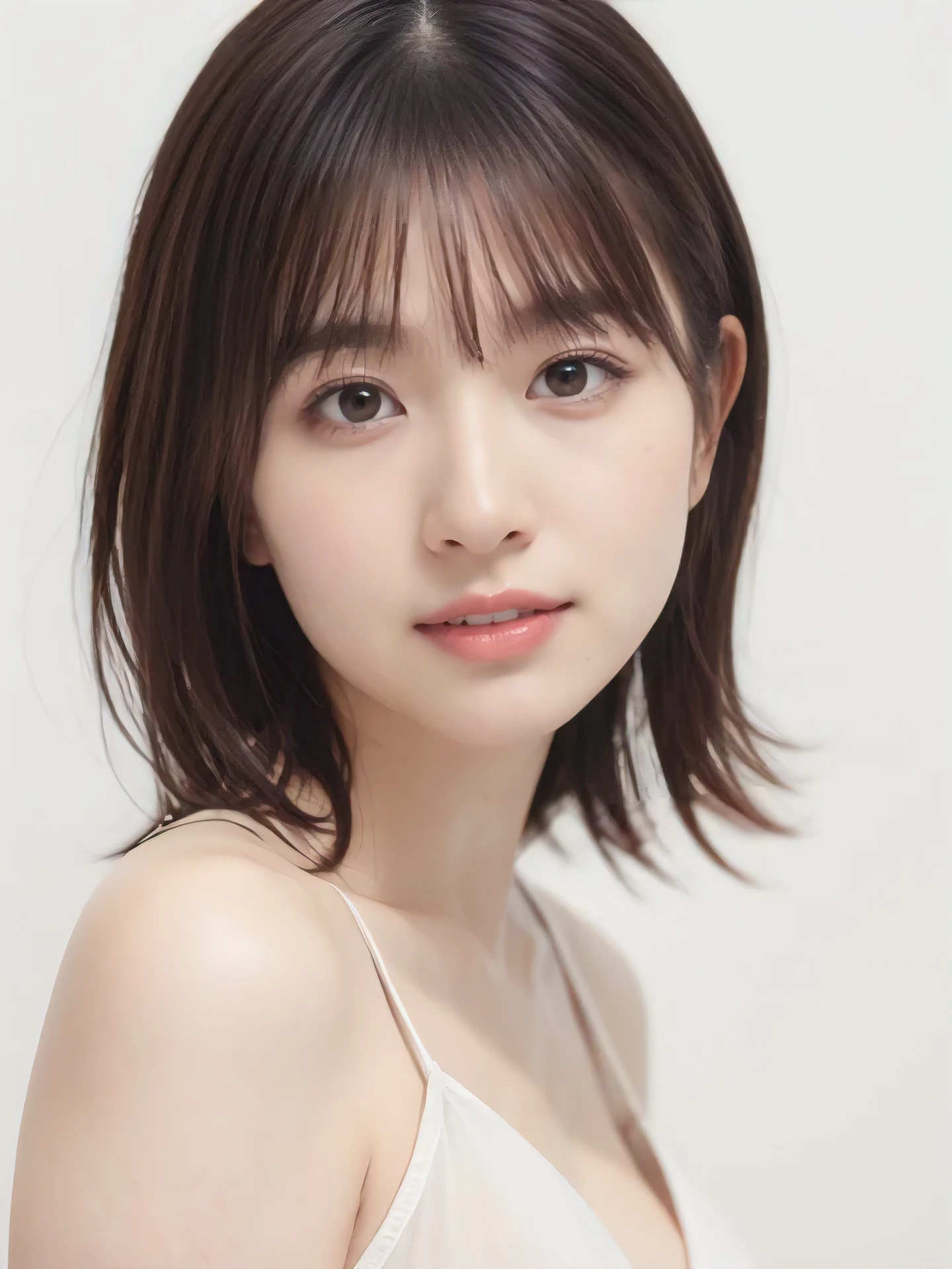 1girl, 2 woman, cute face, Small breasts, medium breasts, large breasts, beautiful face, (perfectly detailed face), ((looking at viewer)), Simple Background, ((white background)), ((white wallpaper)), White skin, (bright lighting:1.2), perfect lighting, photorealistic, (bokeh), UHD, anatomically correct, highres