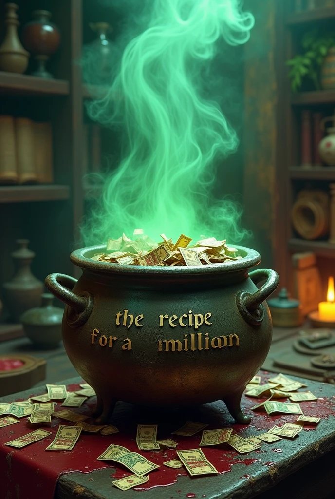 Imagine an aged metal cauldron, placed on a crackling fire in a sorcerer&#39;s apprentice laboratory. The cauldron is overflowing with blood-stained bills, which cascade around him. On the surface of the cauldron, The sentence "The recipe for a million" is engraved in a visible and legible manner, giving the cauldron a mysterious aura. Thick green smoke billows from the cauldron, mingling with the other strange objects in the laboratory : potions, open grimoires, and various magical instruments. The whole thing is bathed in a subdued and mysterious light., adding a touch of adventure and darkness to the scene.