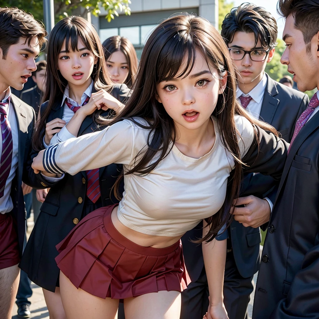 An innocent beautiful girl surrounded by excited high school students, A cute, baby-faced idol-like girl, School uniform is torn and molested, I can see her panties, Embarrassed to be seen molesting in public, he screams with his mouth open., A high school boy grabs my chest from behind, A high school boy touches my crotch and I get wet, Anatomically correct, Being molested by a group of men, I was surprised by the viewers' gazes., Beautiful wavy bob hair, blush, Body turns bright red, Wet with sweat, Increased sensitivity, Tears overflow from your beautiful eyes, Ultra-high resolution, Slender body, Japanese, Cowboy Shot