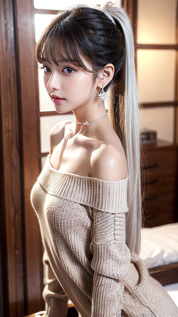 ((Off-the-shoulder sweater with a wide opening、The person is showing her breasts))Extraordinary sexy beauty、beautiful, calm and bright look、Sexy and refreshing look、完璧なbeautifulcute顔、Very bright, Bright Blue Eyes、Short Ponytail、Long bangs between the eyes、Long grey straight hair、beautiful facial hair、とてもcute、beautifully、Sexy young tiny woman、非常に完璧なbeautifulcute顔、beautiful clear cute eyes、Real女性、cute,((Small breasts))、(((Long white hair)))、(())、） And a very slim figure,,,,,、Very thin leganicules、Earrings、Pink Lip、choker、Real、Sexual、Highest quality、Detailed face、Detailed Background、Depth of written boundary、whole body viewing angle、Sexual、alone、night,Highest quality、High resolution、超High resolution（Real：1.4）Detailed eyes、Gradation、Perfect anatomical figure、Woman with perfect body、Highly detailed skin、非常にDetailed face、細部までbeautiful目、Background blur、