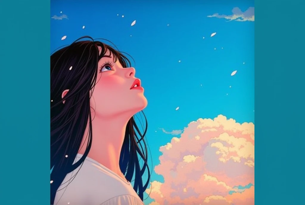 Adorable big boobs , excited, give , anime girl looking at the sky with clouds in the background, Lofi Girl, girl clouds, Lofi Stylestyle, Lofi Girl aesthetic, Lofi Style, just kidding, makoto shinkai cyril rolando, Conrad Roset and Makoto Shinkai, Rhads y Lois Van Baarle, The landscape of Ilya Kuvshinov