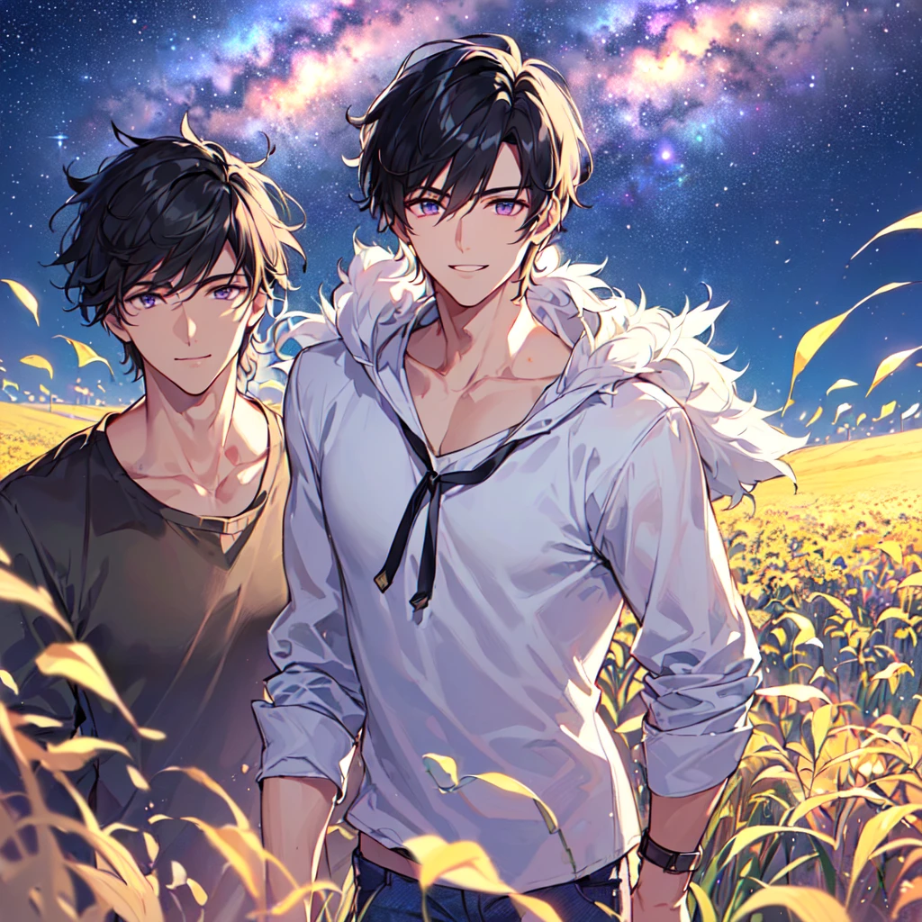 masterpiece,best quality,high quality,(1male austere handsome solo adult age 30 years old:1.5), purple eyes, cool with suspended eyes, V-shaped eyebrows, body strong and fearless 8.5 head tall, height 185cm, (well-groomed black short hair to neck:1.4), (bangs 7 thirds parted:1.4), slender nose, facial muscles, throat, (pants in dew grass summer fashion:1.3), (walking:1.3), (stylish pose), (cool smile:1.3), (upper body:1.3), (background dew grass summer flower field:1.3) , (Milky Way Night Sky:1.3)