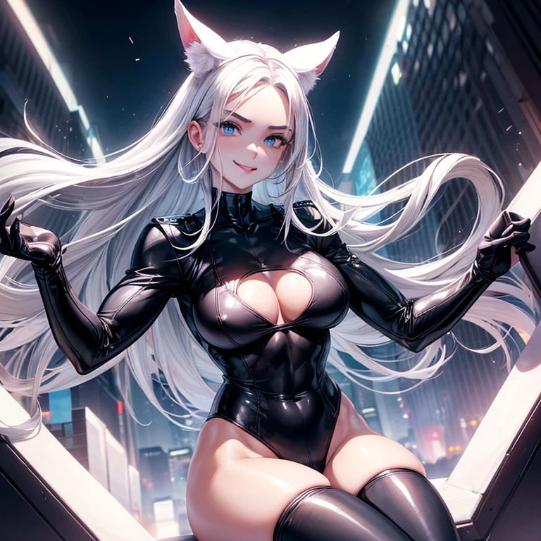 (Cool policewoman.Well-formed face.Tall.A very muscular, thin body.Beautiful six pack abs.Big eyes.Beautiful blue eyes.White Hair.Boyish medium-long hair with a center part.I can see your forehead.Heavy eye makeup.Dark lipstick.Tight waist.Very large breasts.Very の谷間.Beautiful pale pink areola.Firm skin).(A small, see-through white leotard.Nipples are visible.Black leather boots with lots of belts.Bunny ears).(Skyscraper rooftop.Futuristic City.Late Night.I can see the city at night.sitting on a marble chair.With legs apart.My hair is blowing in the wind.Smiling thinly.Sticking out tongue)Perfect Face.Accurate human body.Accurate 5 fingers.High resolution.Full body image
