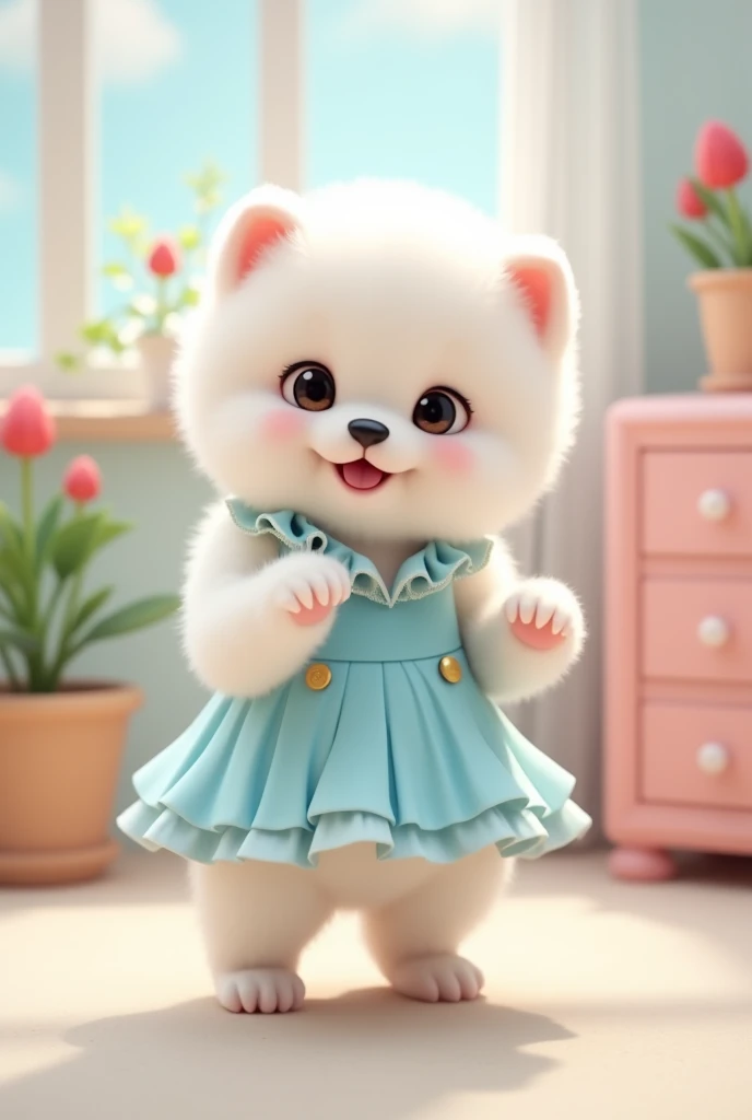 A small puppy dog standing on its hind legs,The cutest white puppy I know,The most adorable looking thing I&#39;ve ever seen!!!,
Cute Background,He dances,
She is wearing a light blue, frilly outfit that looks like a cute idol uniform..