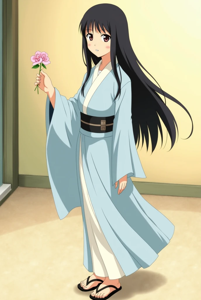 Hinata Hyuga from the Naruto series, holding a delicate cherry blossom flower in her hand, with a gentle smile on her face. She's wearing her traditional Hyuga clan outfit, with a soft, serene background.
1. *Soft colors*: Use a pastel color palette to convey a sense of gentleness and serenity.
2. *Delicate flower*: Choose a flower that complements Hinata's gentle personality, like a cherry blossom or a pale rose.
3. *Warm lighting*: Soft, warm lighting can enhance the serene atmosphere and highlight Hinata's features.
4. *Hinata's expression*: Capture a gentle, soft smile that reflects her kind and compassionate personality.
5. *Traditional outfit*: Dress Hinata in her traditional Hyuga clan outfit to maintain her character's authenticity.
6. *Simple background*: Use a subtle, natural background that doesn't distract from Hinata and the flower.
7. *Attention to detail*: Pay attention to Hinata's hair, eyes, and facial features to ensure they're accurate and well-defined.
- *Hair:* long straight black hair with a few loose strands framing her face
- *Eyes:* Large, soft brown eyes with a gentle, compassionate gaze
- *Face:* Heart-shaped face with a pale complexion, subtle cheekbones, and a small nose
- *Build:* Slender yet athletic build, reflecting her ninja training and gentle nature
- *Height:* , around 5'2" (157 cm)
- *Outfit:* Traditional Hyuga clan outfit, consisting of:
- A pale blue, high-collared kimono with a white underside
- A white obi (sash) around her waist
- Black, low-heeled sandals
- A pair of white, fingerless gloves
- *Accessories:* A small, delicate necklace with a pale blue gemstone (optional)
- *Flower:* Holding a single, delicate cherry blossom (or pale rose) in her hand, with a few petals gently falling around her