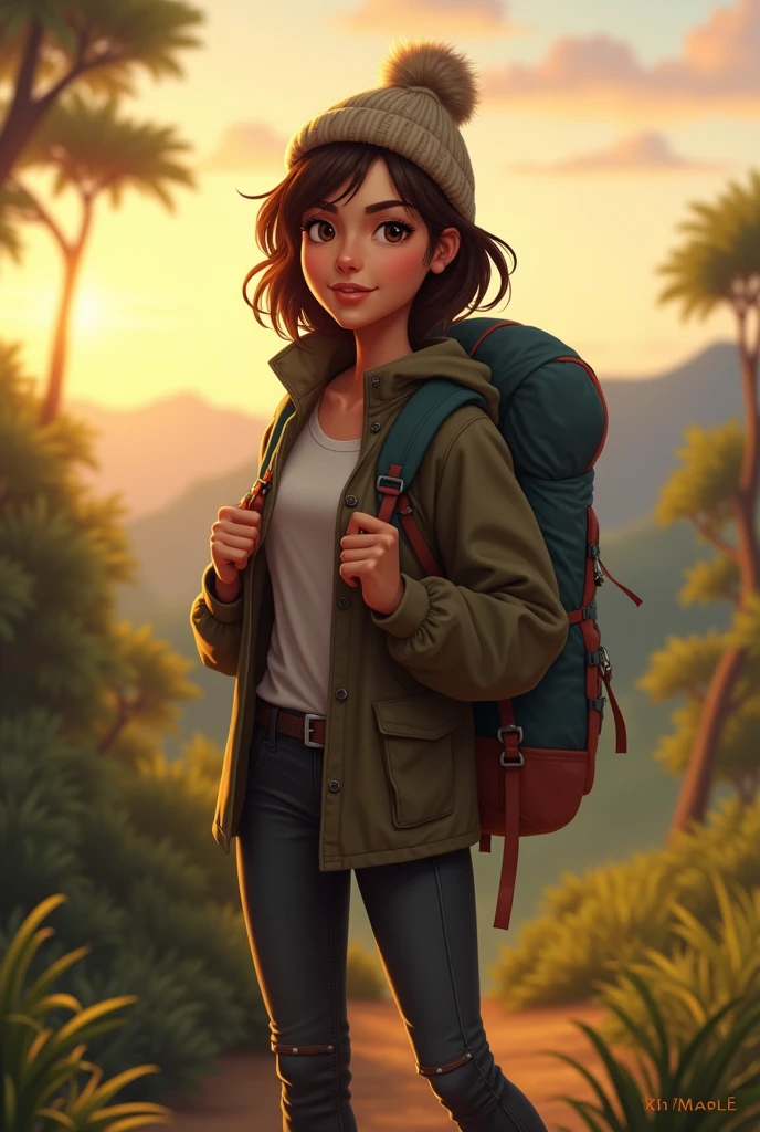 Maya determinedly preparing for an adventure in the evening light."