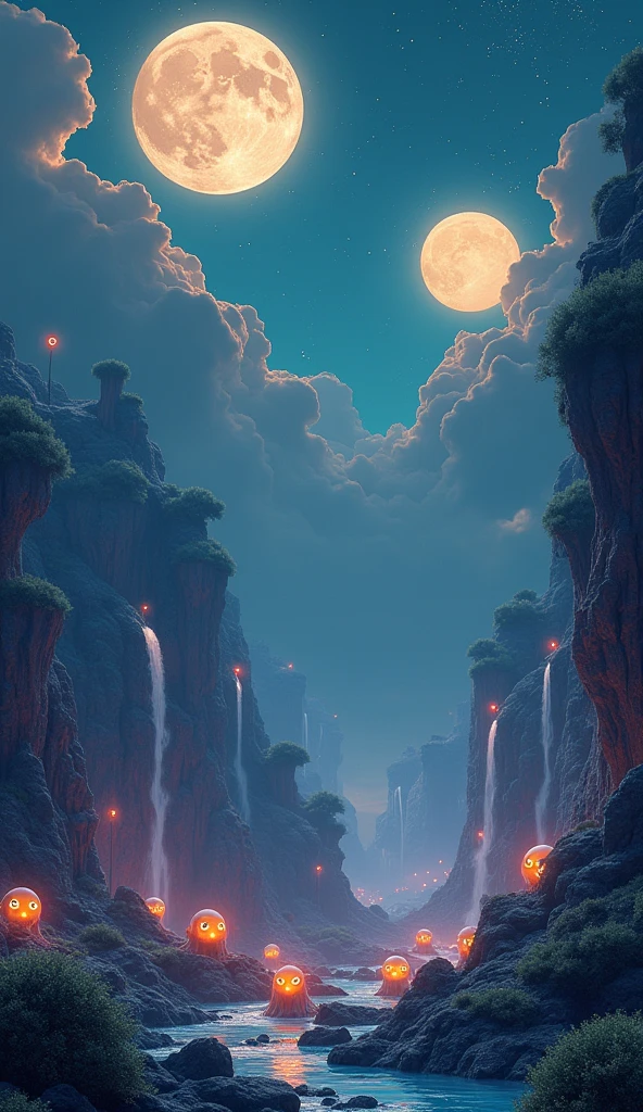 A fantastical realm under a swirling sky of indigo and gold, with two large moons casting a mystical glow. The ground is covered in a carpet of soft, bioluminescent moss, which gently illuminates the surroundings. Strange, luminescent creatures with wise eyes move across the landscape, which features surreal, floating rock formations and shimmering waterfalls.